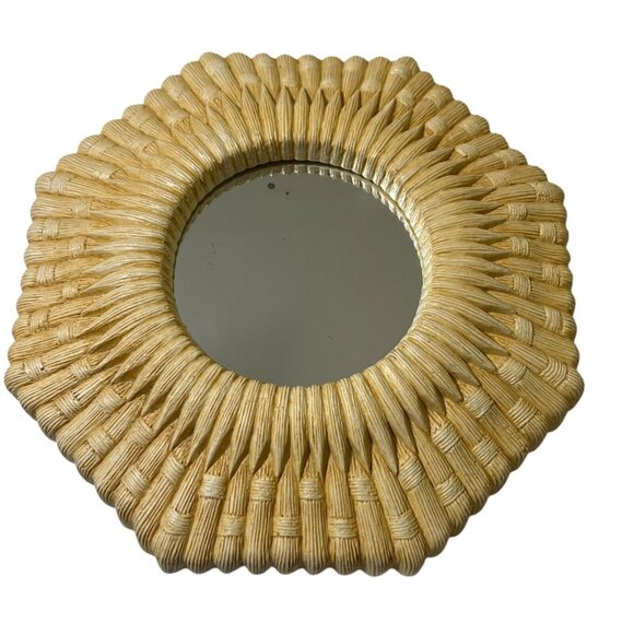2 Homco Faux Wicker Rattan Wall Mirror Plastic Octagon Beige/Yellow Beach Decor - Picture 3 of 8
